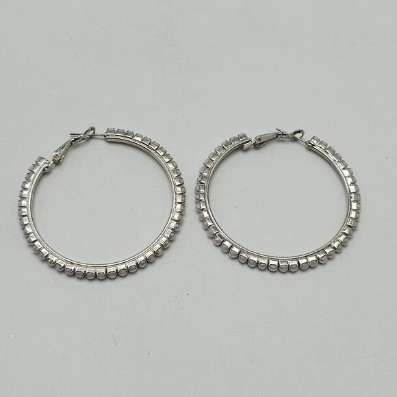 Silver Tone Faux Pearl Pave Hoop Earrings 2-Inch Diameter For Women - Picture 3 of 4